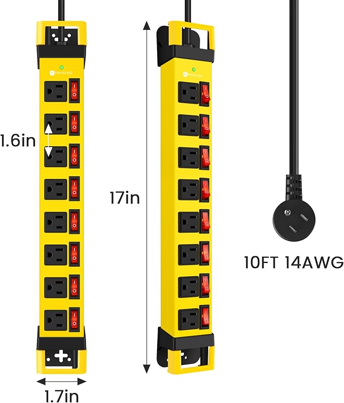 Heavy Duty Power Strip with Individual Switches,8 Outlets 14 Gauge Industrial Shop Garage Metal Multiple Outlets,1200J Surge Protector Mountable Power Strip,10FT Extension Cord Management(Yellow)