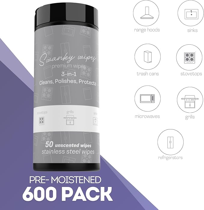 Swanky Stainless Steel Cleaner Wipes - Grime & Grease Remover Kitchen Cleaning Supplies - Clean & Shine, For Stove Top, Refrigerator, Sink, Oven, & Household Appliances - Canister, 600 Count