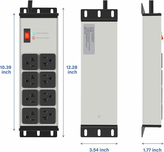 CCCEI Heavy Duty Power Strip Surge Protector 20 AMP, 8 Outlets 12 Gauge Industrial Shop Garage Metal Multiple Outlets, 6 FT Extension Cord 5-15P Adapter High Amp 6-20R T-Slot 20a for Appliance