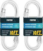 Indoor Outdoor Extension Cord 10 FT Waterproof, 16/3 Gauge Heavy Duty White Extension Cords, 13A 1625W SJTW Extension Cord with 3 Prong Grounded Plug, Great for Tools, Lights, UL Listed, 2PK