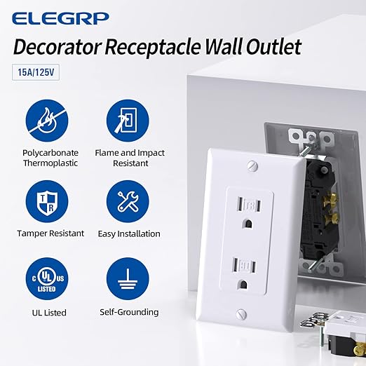 ELEGRP Decorator Wall Receptacle Outlet, Tamper Resistant 15 Amp Standard Electrical Wall Outlet, Residential Grade, Self-grounding, 125V, Wall Plate Included, UL Listed, Glossy White, 10 Pack