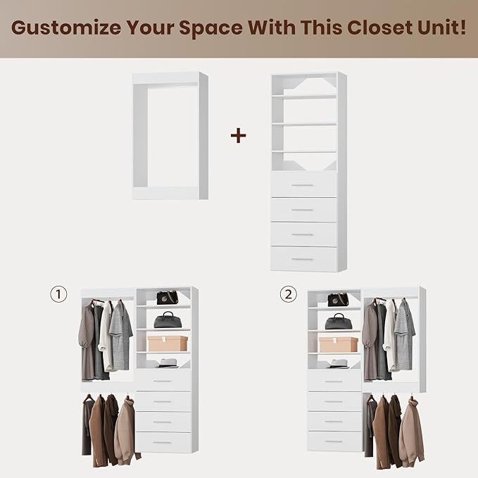 ROOMTEC Modular Closet System, 40" Wall-Mounted Closet Organizer with Drawers and Hanging Rods, Wooden Tower for Walk-In Closets, Wardrobe Storage Kit, White