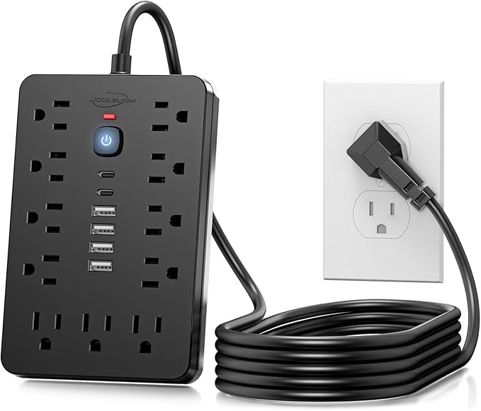 20 FT Flat Plug Surge Protector Power Strip,11 Multiple AC Outlets with 6 USB Ports (2 USB C), 20 Feet Extension Cord, 1250W/10A, One Touch Switch Button, 17 in 1 Compact powerstrip