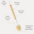 Vigar Zeroline 13.9" Long Bamboo Dish Brush, Ideal Dish Brush for Cups, Wine Glass, Tumbler, Blender Bottles, and Glass Water Bottles for The Kitchen