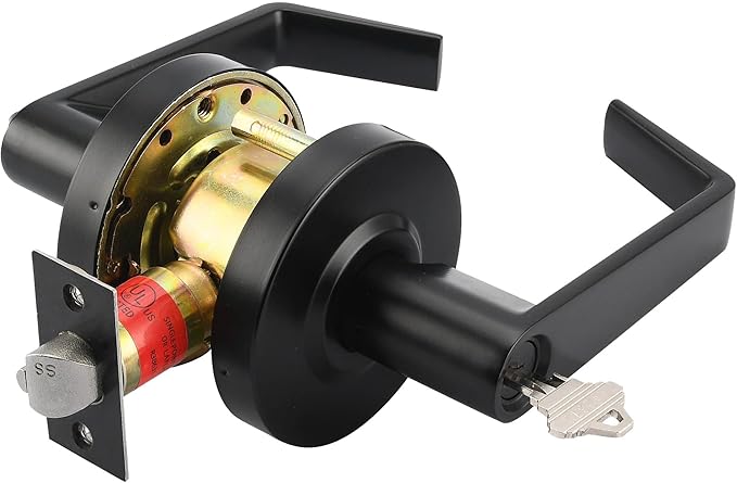 LYNN HARDWARE Commercial Door Lever Lock - Heavy-Duty Locking Door Handle, Designer Door Handles, Cylindrical Lever Lock, Non-Handed Grade 2 Door Handle, Matte Black, Entrance/Keylock