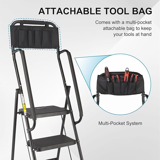 Valeo 4 Step Ladder with Handrails,500 Lbs Capacity,Folding Step Stool Ladder with Attachable Tool Bag,Lightweight & Storage Step Ladder 4 Step Folding,Multi-use for Home,Kitchen,Office,Black