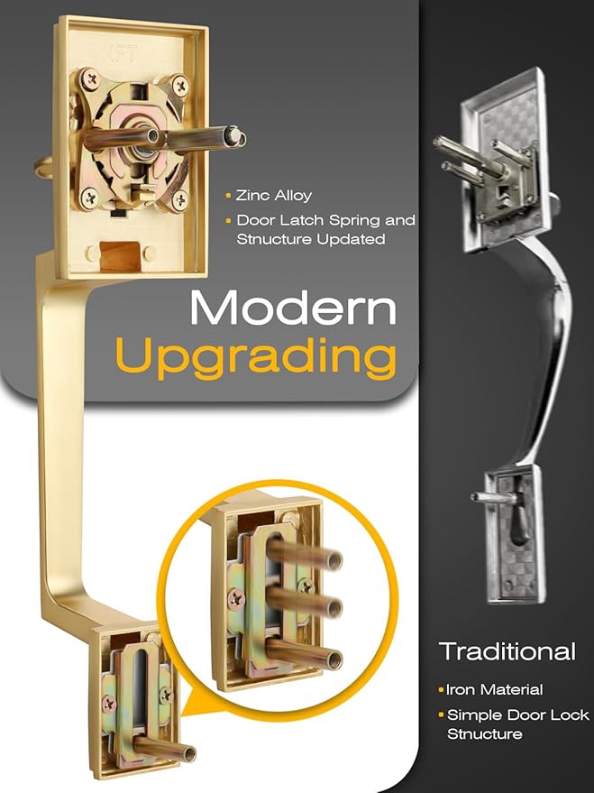 2 Sets Entry Door Handle and Single Cylinder Deadbolt Lock and Key Combo Pack - Heavy Duty Square Locking Lever Set - Interior/Exterior Door Levers in Satin Brass Finish