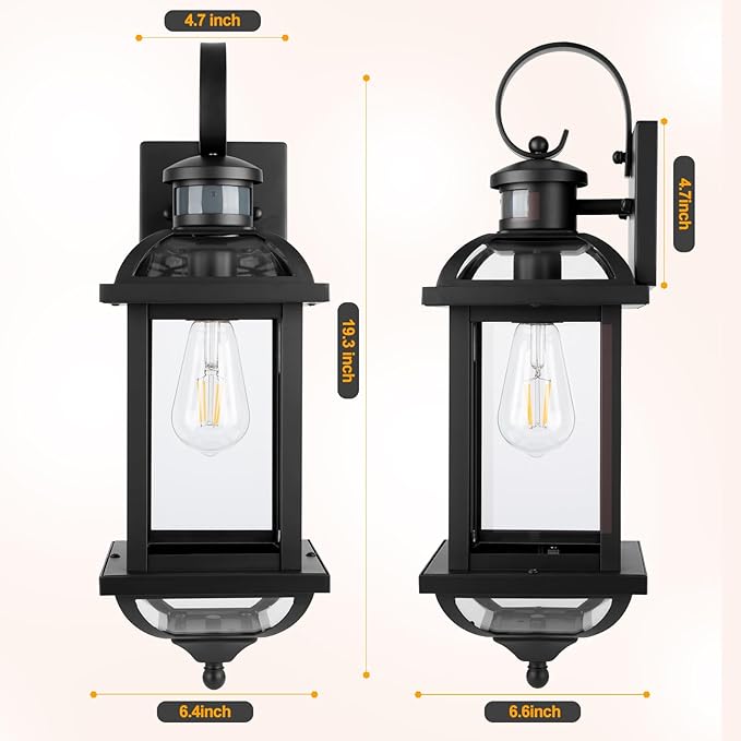 Motion Sensor Porch Lights Dusk to Dawn, 19 Inch Enclosed Bottom Anti-Rust Aluminum Black Outdoor Light fixtures 2 Pack Large Exterior Light Outdoor Wall Lights for House Garage Patio
