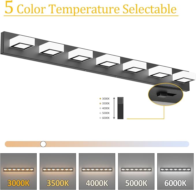 Ralbay 46inch Matte Black Vanity Lights 7 Lights Dimmable 5 Color Temperature Acrylic Modern LED Black Vanity Lighting for Bathroom