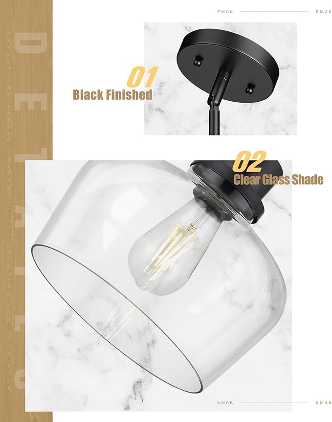 Emak Black Pendant Light Fixtures, Modern 10 Inch Clear Glass Pendant Lights Kitchen Island, Farmhouse Large Kitchen Island Lighting, PL126-BK-CG