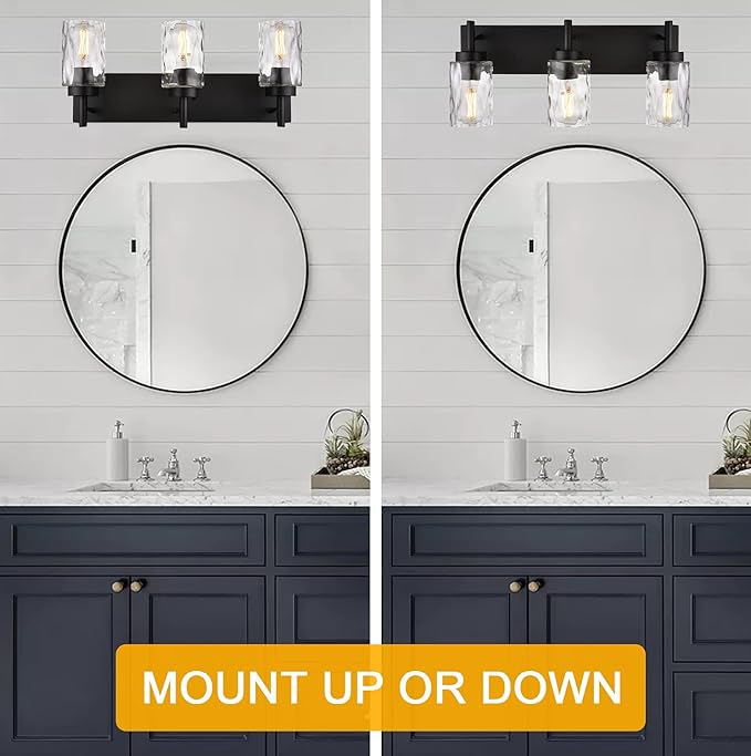 BONLICHT Vanity Light Fixtures 3 Light Modern Wall Sconces Lighting Black Bathroom Lights Wall Mounted with Hammered Glass Shade,Farmhouse Wall Light for Mirror Cabinets, Powder Room, Dressing Table