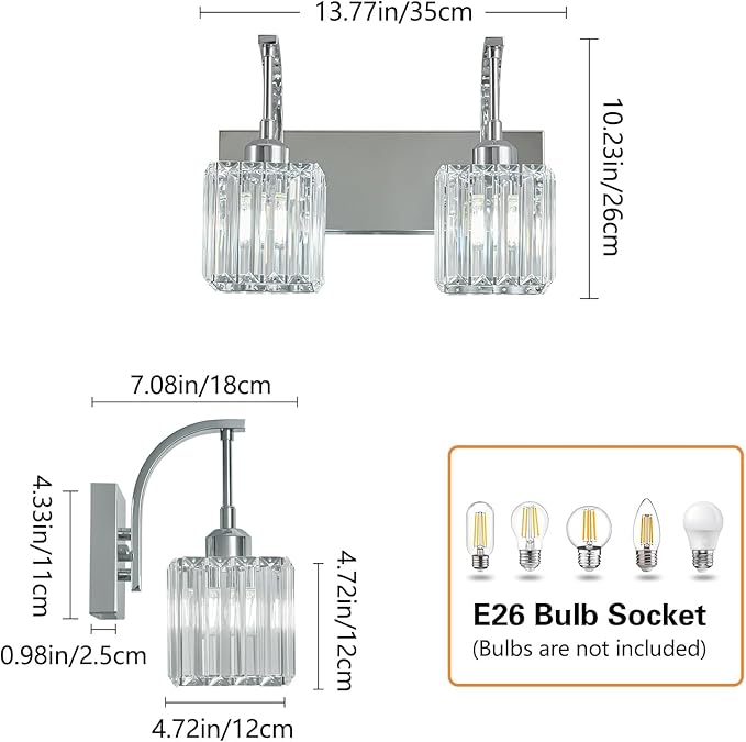 Crystal Vanity Lights 2-Light Chrome Wall Lamp Modern Crystal Bathroom Light Fixtures Over Mirror 13.77" Long Bathroom Wall Sconce