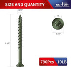 #10 x 2-1/2" Deck Screws (790Pcs) 10lb. Exterior Wood Screws. Carbon Steel, Green, Flat Head, Rust Resistant epoxy Coated, with T25 Star Bit