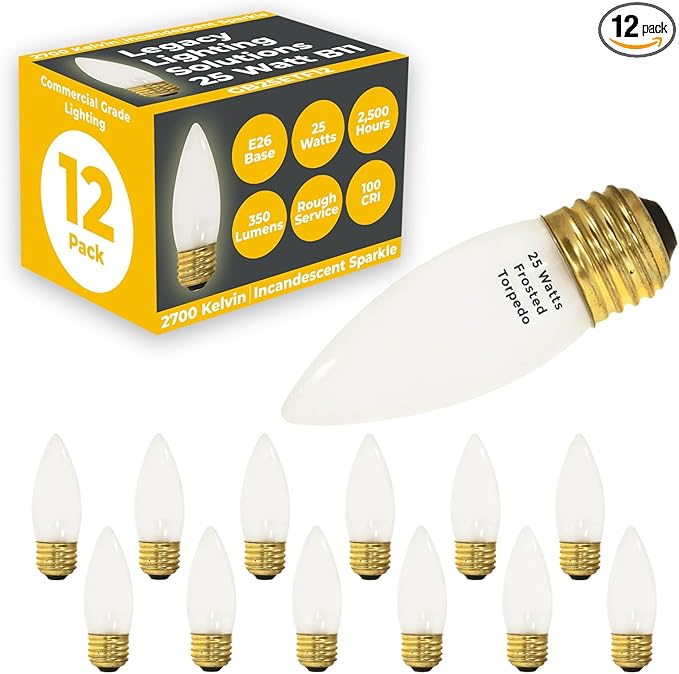GoodBulb 25-Watt Incandescent Torpedo Light Bulbs B10 Frosted Finish Medium E26 Base 2700K Warm White Color Dimmable 175 Lumens Pack of 12 Bulbs