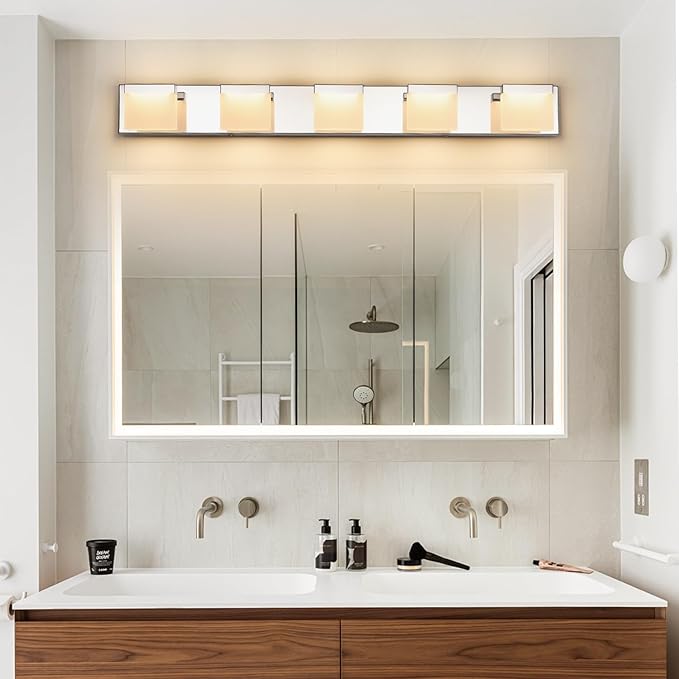 SineRise LED Modern Bathroom Vanity Light Fixtures (5-Light, 40-Inch, 5CCT), Chrome Modern Acrylic Bathroom Wall Lighting Fixtures Over Mirror (3000K/3500K/4000K/5000K/6000K)