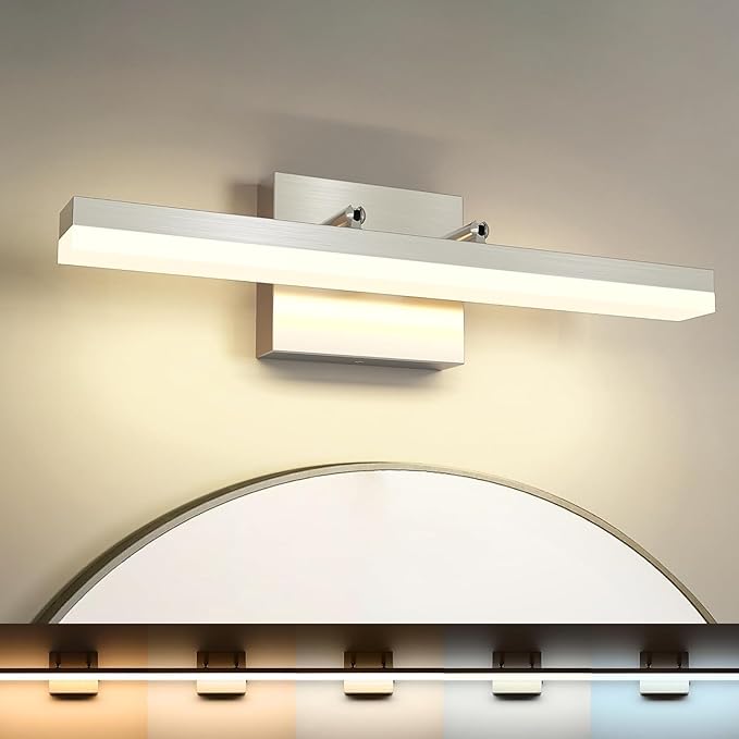 Brushed Nickel Vanity Lights - Dimmable 5CCT Bathroom Lighting Fixtures Over Mirror, Adjustable Angle Wall Light, 15.75" Long 12W LED Bar Light