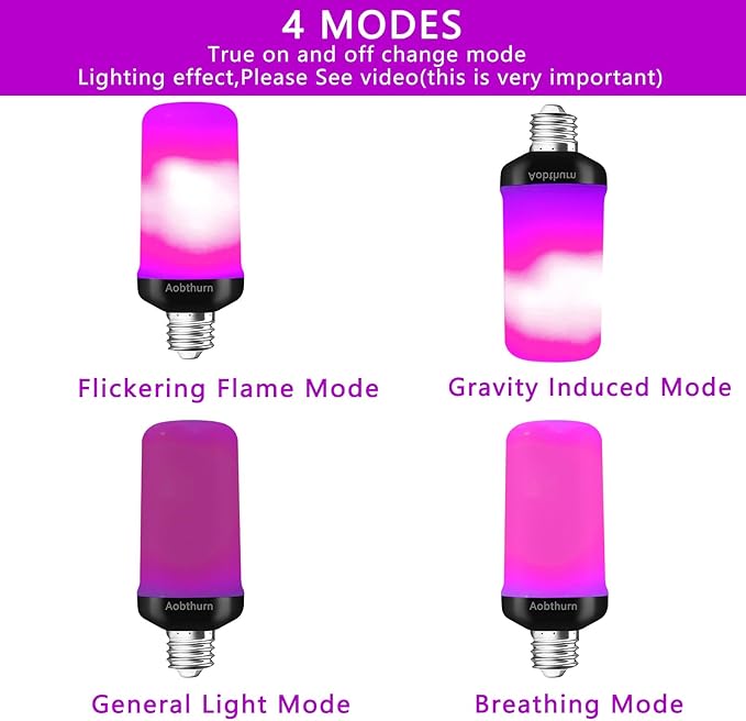 Flame Light Bulbs, 4 Modes LED Flame Effect Light Bulb, E26 Base Flickering Light Bulb with Gravity Sensor,Flickering Light Bulbs Halloween Home Party (Purple-2 Pack)
