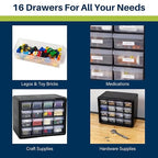 Akro-Mils 16-Drawer Plastic Drawer Storage Cabinet for Garage Organization, Beads, Makeup Organizer, Building Bricks Storage, Teacher Toolbox, 10-1/2-Inch W x 6-1/2-Inch D x 8-1/2-Inch H, 10116 Black