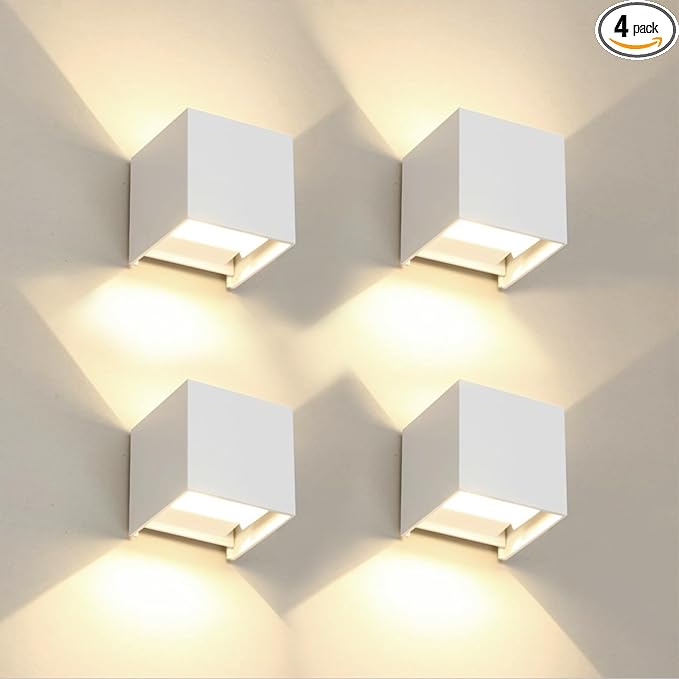 4 PCS LED 12W Outdoor Wall Lights Sconces Exterior/Interior Up and Down Lights IP65 Waterproof Modern Outdoor Lighting Fixtures Square Aluminum Exterior Wall Mount Light White 3000K Warm Lights