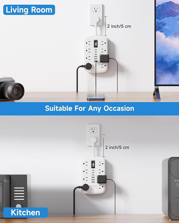 Short Extension Cord 2 inch, Small Power Strip Flat Outlet Extender Surge Protector with 8 AC Outlets 6 USB (5V/4.8A 24W), Mini Extension Cord Flat Wall Plug for Home Office Dorm Kitchen Bathroom