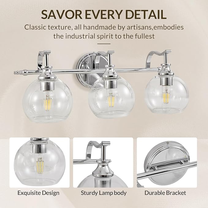 ANDY STAR Chrome Vanity Light, 3-Light Polished Silver Bathroom Light Fixture Over Mirror, Modern Wall Sconce with Clear Glass Shade, Industrial Wall Lighting for Living Room, Bedroom, Hallway, 22.3"