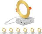 ZYC recessed Lighting 4 inch - 6Pack 9W 800LM High Brightness,5CCT 2700K/3000K/3500K/4000K/5000K Selectable,Ultra-Thin LED Recessed Ceiling Light,Dimmable Canless Wafer Downlight,Pack of 6 Gold.