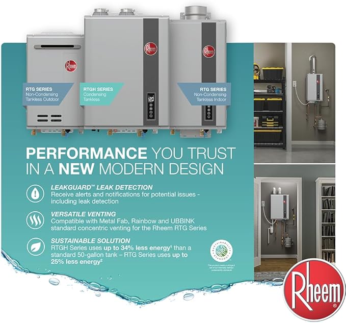 Rheem RTG-95XELP-3 High Efficiency Non-Condensing Outdoor Tankless Liquid Propane Water Heater, 9.5 GPM with WiFi