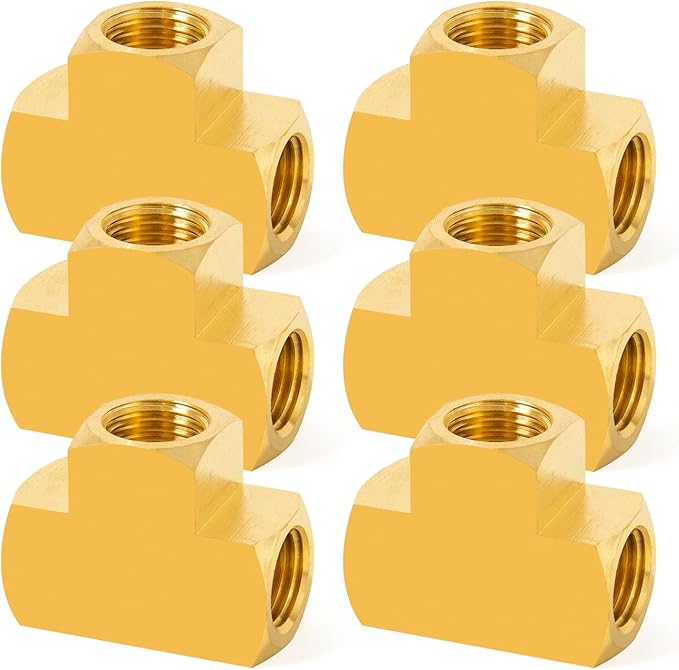 ChillWaves Brass Pipe Fitting, Barstock Tee 1/8" x 1/8" x 1/8" NPT Female Thread Adapter(6-PACK)