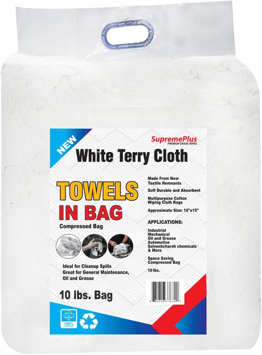 Premium White Terry Cloth Rags (600 lbs. Pallet 60x10 Bag) Super Absorbent Cotton Towel Cleaning Rags for Garage, Industrial Use & Housekeeping
