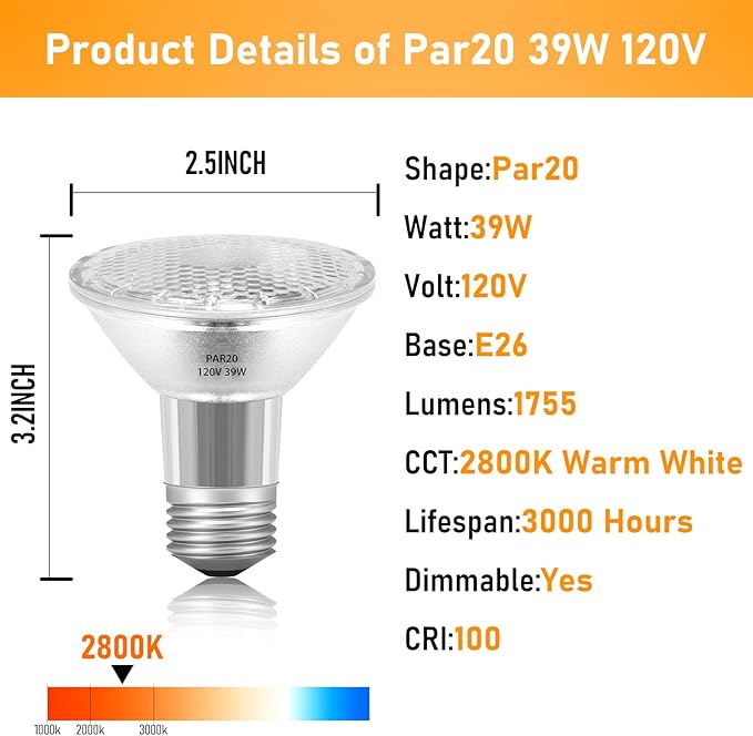 PAR20 39W 120V Floodlight Bulbs, 12 Pack PAR20 39 Watt ECO Halogen Light Bulbs E26 120V Reflector Dmimable Warm White 2800K for Track Lighting & Hood Range Light Bulbs, 4-in Recessed Can