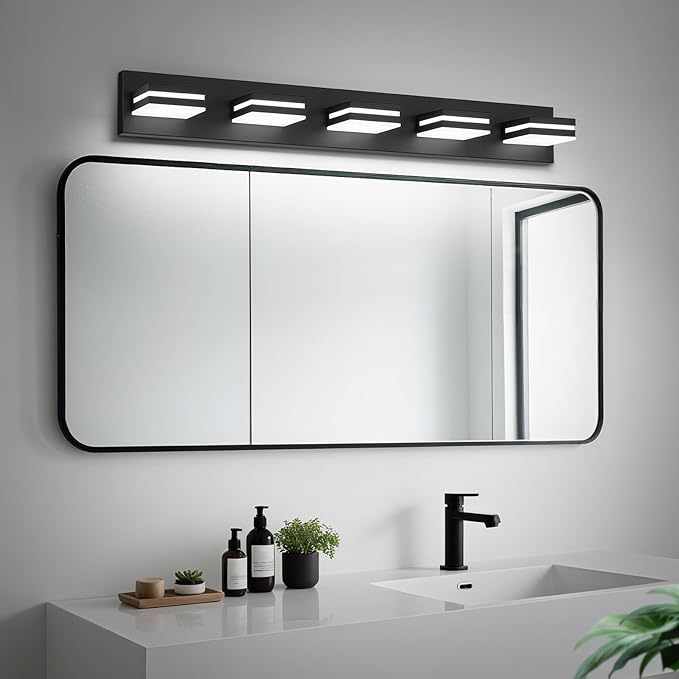 Modern LED Bathroom Lights Fixtures(5-Light),Metal Black Acrylic Wall Lighting,Vanity Lights for Bathroom Over Mirror(6000k 34In