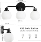 Bathroom Light Fixtures Black Vanity Light, 3 Light Wall Sconces Lighting Bathroom Lights with Milk Glass Shades, Bath Wall Lights Wall Lamp for Mirror, Kitchen, Living Room, Bedroom, Hallway