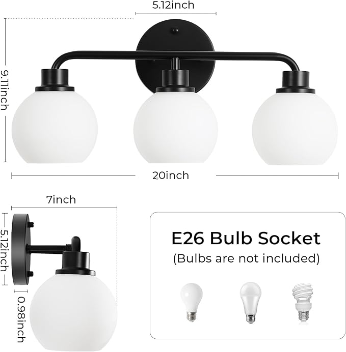 Bathroom Light Fixtures Black Vanity Light, 3 Light Wall Sconces Lighting Bathroom Lights with Milk Glass Shades, Bath Wall Lights Wall Lamp for Mirror, Kitchen, Living Room, Bedroom, Hallway