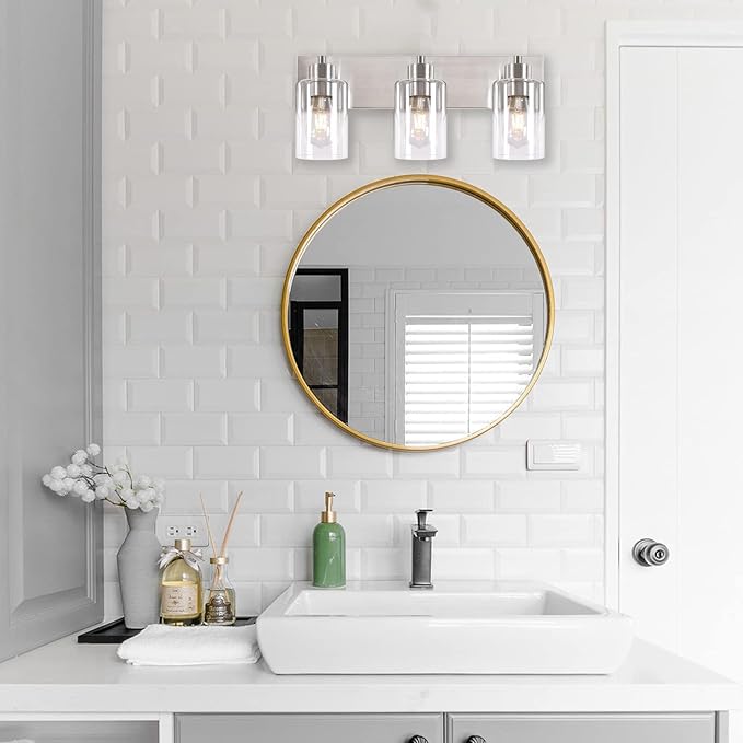 3-Light Bathroom Vanity Light Fixtures,Modern Wall Sconces,Bathroom Lights Over Mirror,Wall Mounted Lamp for Kitchen Living Room Bedroom Hallway,Brushed Nickel Finish with Clear Glass Shade