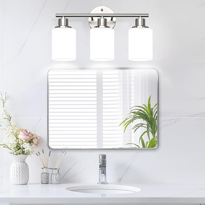 3-Light Bathroom Light Fixtures, Brushed Nickel Vanity Light, Farmhouse Wall Lights with Milky White Frosted Glass Shades, Bathroom Wall Lamp for Mirror Kitchen Bedroom Hallway Living Room
