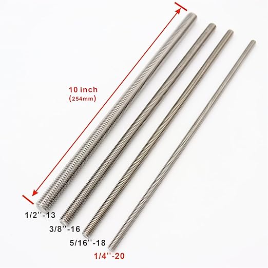 1/4"-20 Fully Threaded Rod Studs 2 Pack 10" Long Threaded Screw 304 Stainless Steel Right Hand Threads All Threaded Rod Studs for Anchor Bolts Clamps Hangers U-Bolts