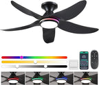 46" Ceiling Fans with Lights Remote/APP Control, Low Profile Ceiling Fans with Dimmable White Colors+Ring RGB Lights, 6 Speeds 5 Reversible Curved Blades for Kids Room Bedroom Living Room Bar, Black