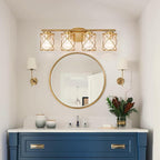 4-Lights Bathroom Light Fixtures, Brushed Gold Modern Vanity Light Over Mirror, Bathroom Wall Lamp for Mirror Kitchen Living Room Hallway Porch, Farmhouse Wall Lights with Clear Glass Cage Shade