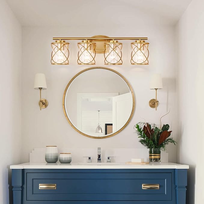4-Lights Bathroom Light Fixtures, Brushed Gold Modern Vanity Light Over Mirror, Bathroom Wall Lamp for Mirror Kitchen Living Room Hallway Porch, Farmhouse Wall Lights with Clear Glass Cage Shade