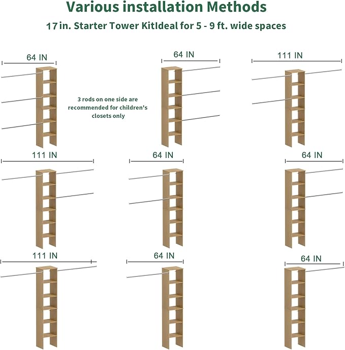 Closet System, 17" Wide Organizer with 3 Hanging Rods, Wood Tower Storage for Walk-In Closets, Wall-Mounted Wardrobe Organizer, Fits Spaces 5-9 ft