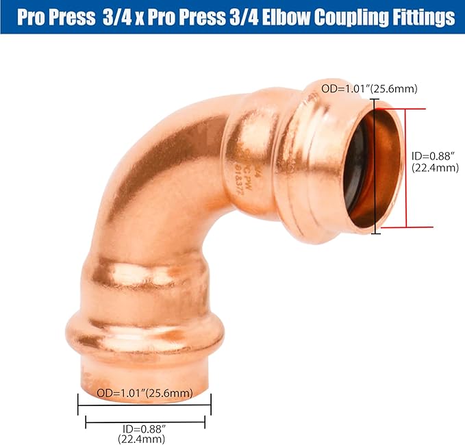 WHK 10 Pack 3/4" Propress x 3/4" Pro press Copper 90 Degree Elbow Crimp Press Fittings Adapter Coupling Propress 0.75“ inch Cooper to Cooper Pipe Connection (Lead-Free)