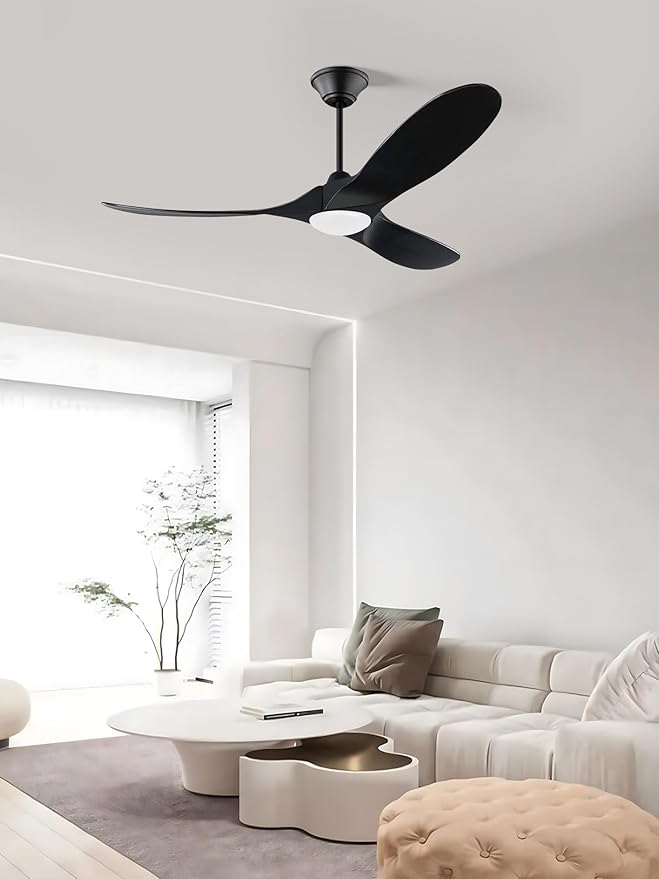 52 inch Black Ceiling Fan with Lights, Modern Propeller Ceiling Fan, Outdoor Black Solid Wood Ceiling Fans for Patio with Light, Reversible DC Motor High CFM for Porch, Exterior, Indoor