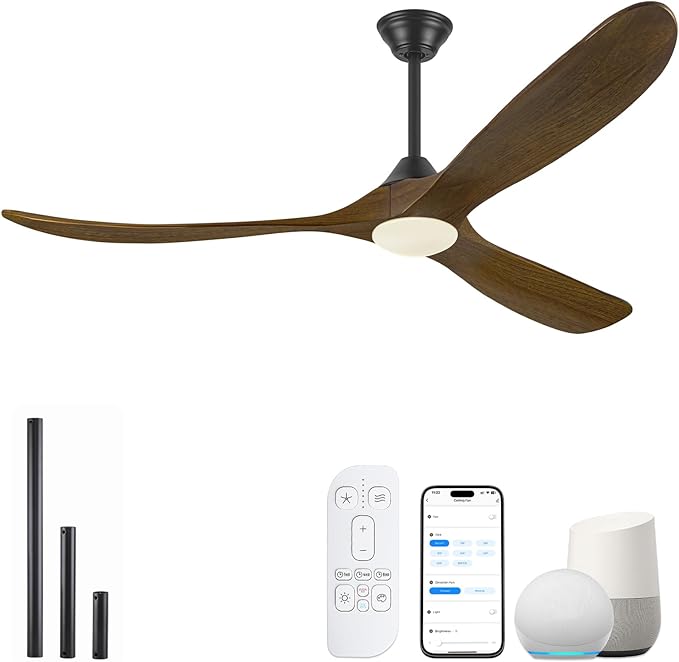 60" Outdoor Ceiling Fan with Light, Rustic Wifi Smart Ceiling Fan with Remote/APP/Alexa Control, 3 Wood Blade Propeller DC Ceiling Fans for Indoor Exterior Patios Porch Garage, Quiet Energy Efficient