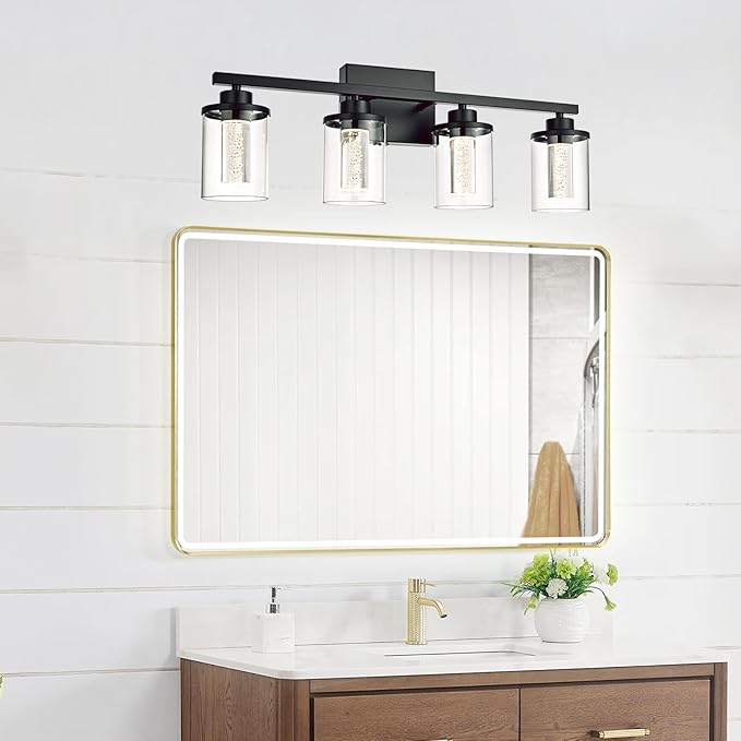 4-Light Bathroom Light Fixtures Over Mirror,Black Led Vanity Lighting Fixtures with 5CCT Dimmable LEDs,Clear Glass Shades &Wall Sconces Lighting Design for Bedroom,Livingroom