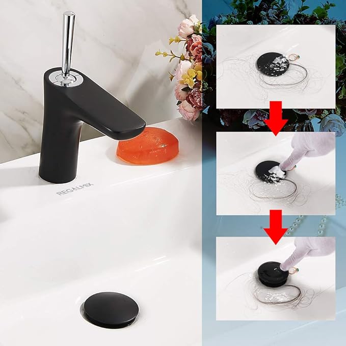 Pop Up Drain, Bathroom Faucet Vessel Vanity Sink Drain Stopper, Built-in Anti-Clogging Strainer, Without Overflow Matt Black,Fits Standard American Drain Hole(1-1/2" to 1-3/4") RWF082G