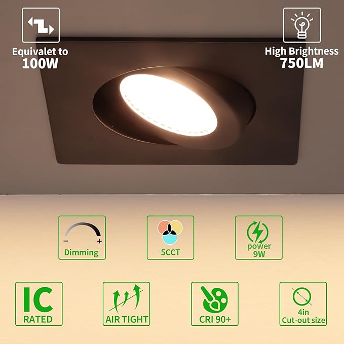 Bronze Recessed Lights Square 4 inch 6 Pack, Gimbal Gimbal Recessed Lights,dimmable, 5CCT Selectable,9W 750LM