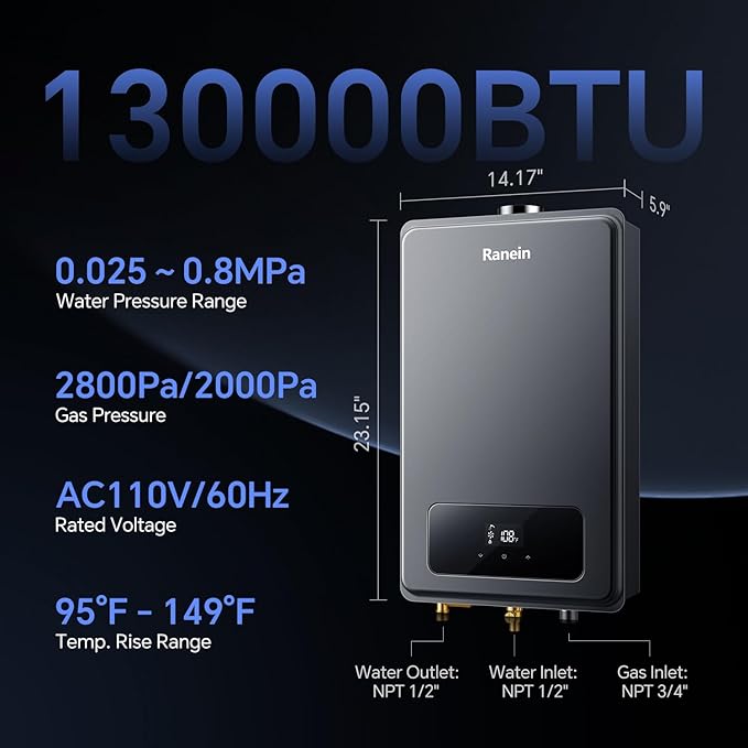 Ranein Natural Gas Tankless Water Heater, Indoor Max 5.3 GPM, 130,000 BTU Instant Hot Water Heater