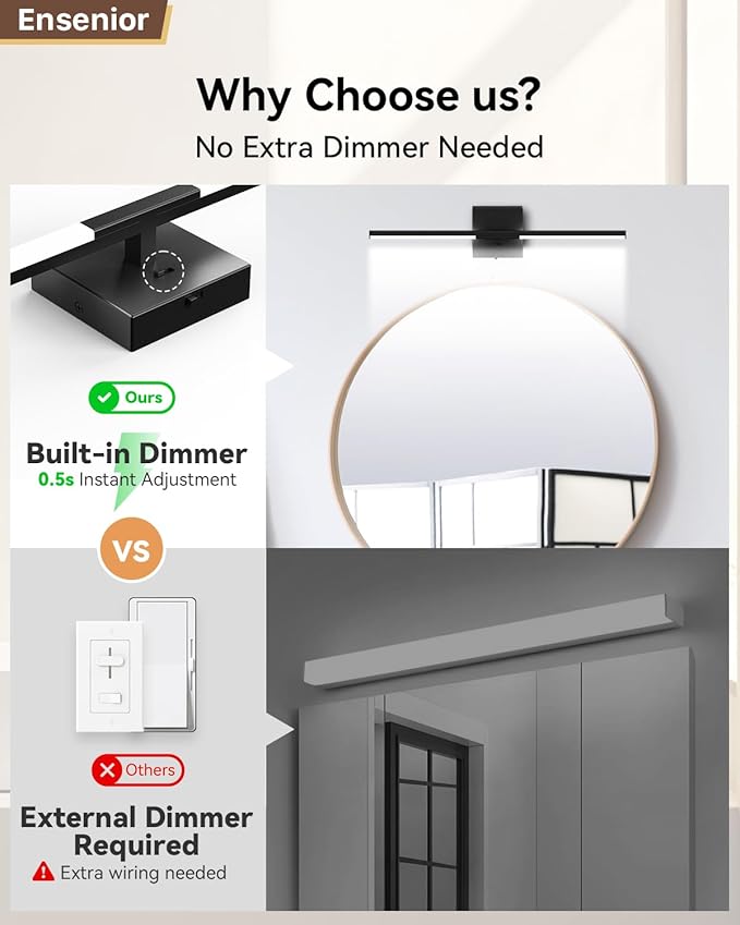 Ensenior Modern Bathroom Vanity Light 24 inch, Built-in Dimmer, 14W Dimmable 5CCT Led Bath Lights, Black Bar Vanity Light for Bathroom Mirror Cabinets Bedroom-FCC Certificated