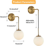 KCO Lighting Frosted White Glass Wall Sconce Set of Two Brass Gold Globe Ball Wall Light Adjustable Cord Industrial Vanity Wall Lamp for Bathroom Mirror Bedside Stairs (White)