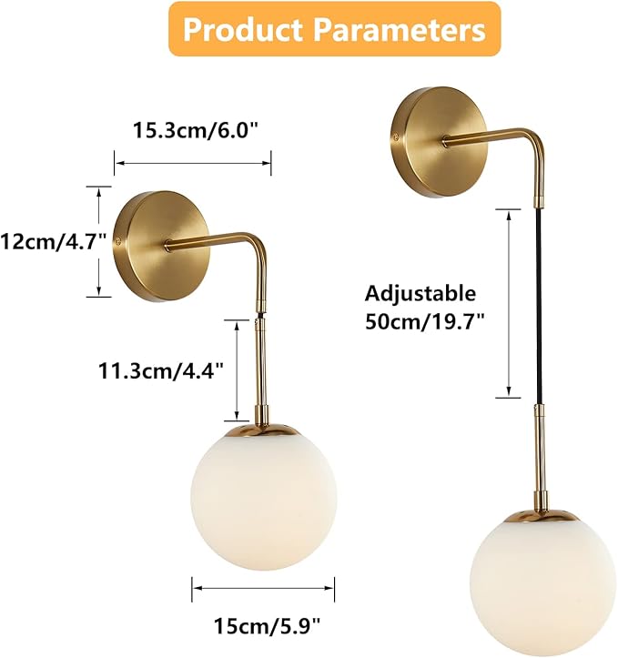 KCO Lighting Frosted White Glass Wall Sconce Set of Two Brass Gold Globe Ball Wall Light Adjustable Cord Industrial Vanity Wall Lamp for Bathroom Mirror Bedside Stairs (White)